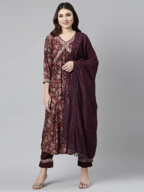 Neeru's Purple Pleated Straight Printed Kurta And Trousers With Dupatta