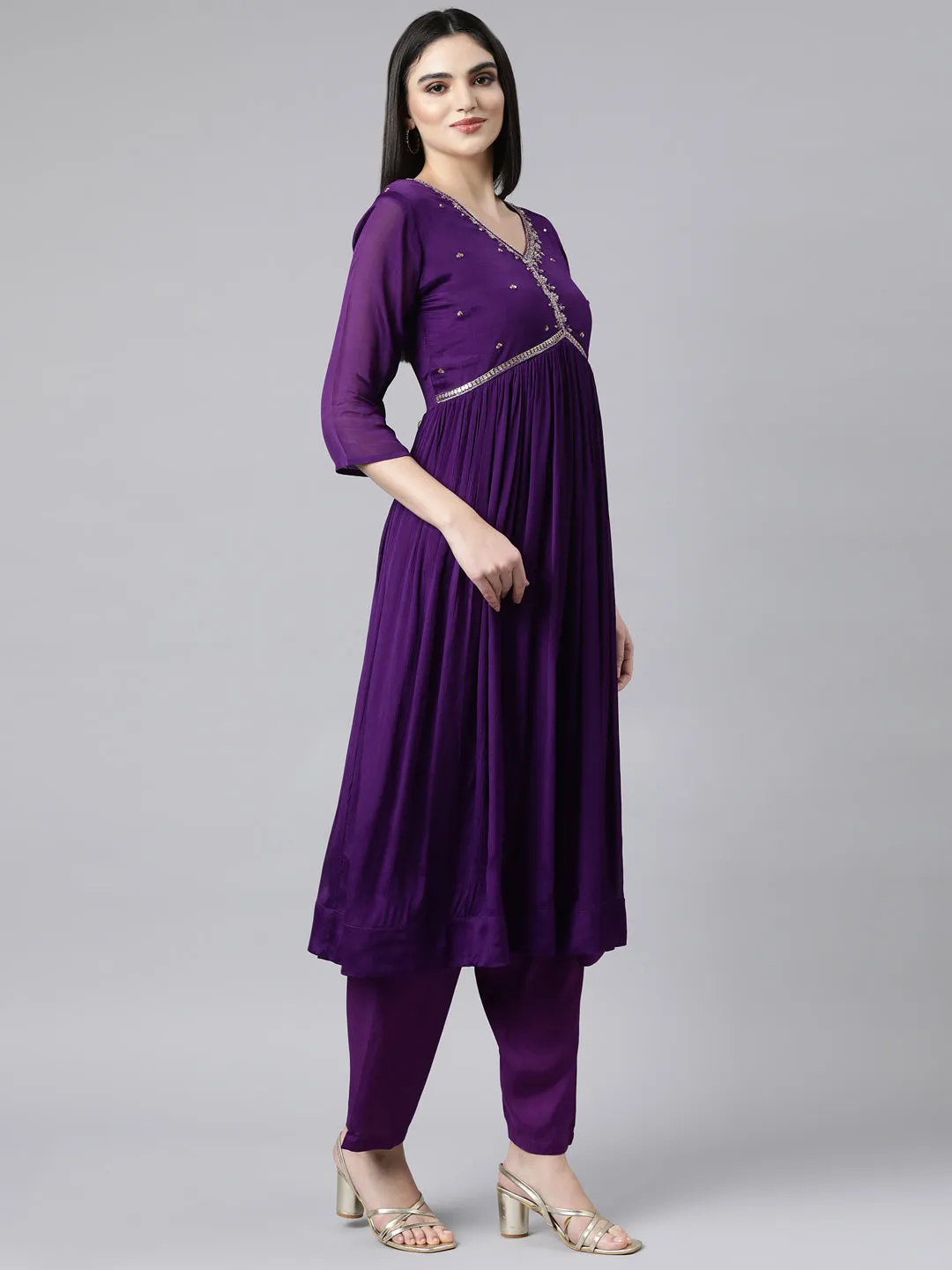 Neerus Purple Pleated Straight Solid Kurta And Trousers With Dupatta