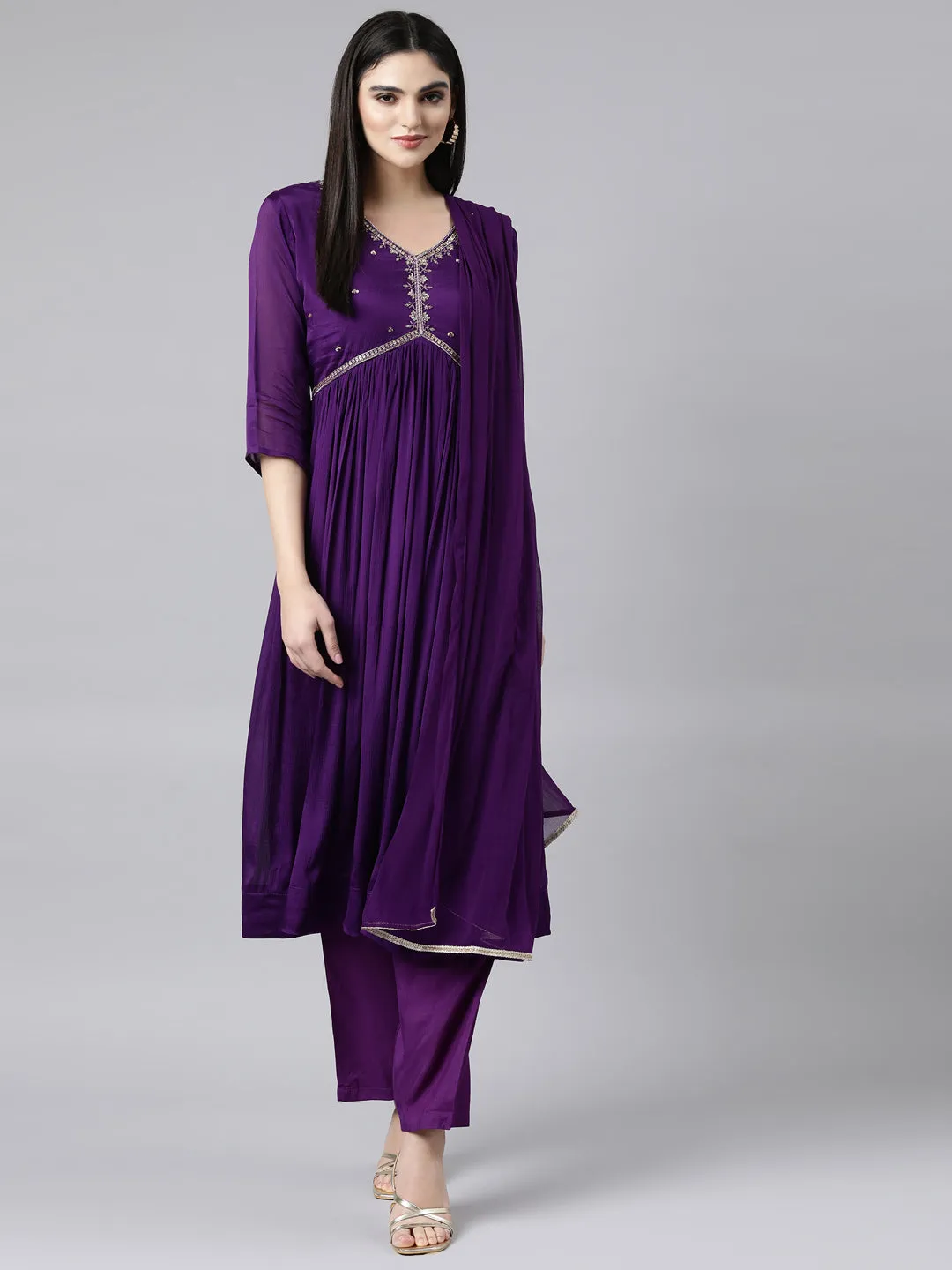 Neerus Purple Pleated Straight Solid Kurta And Trousers With Dupatta