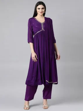 Neerus Purple Pleated Straight Solid Kurta And Trousers With Dupatta