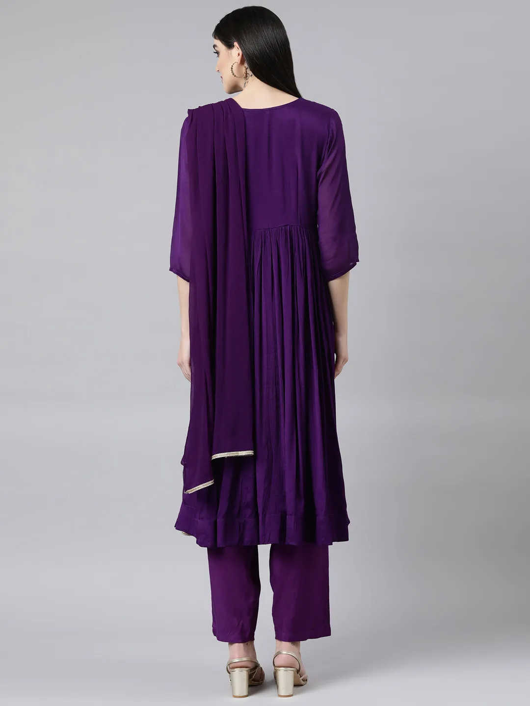 Neerus Purple Pleated Straight Solid Kurta And Trousers With Dupatta