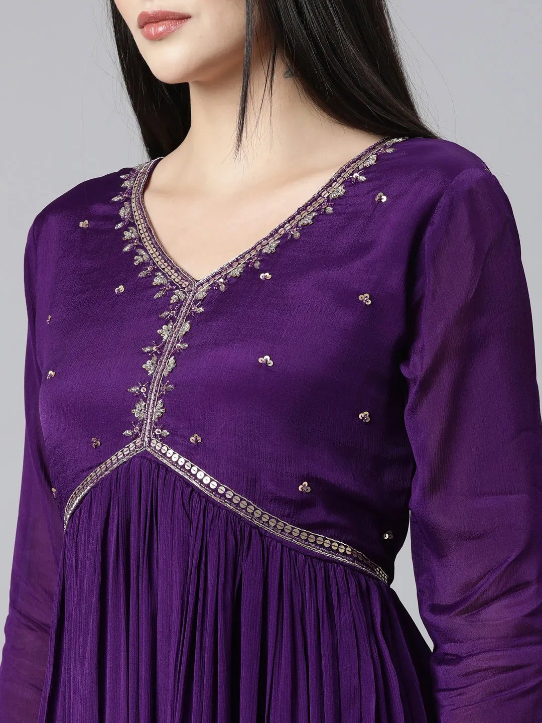 Neerus Purple Pleated Straight Solid Kurta And Trousers With Dupatta