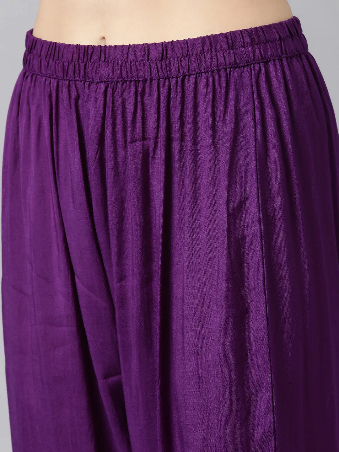 Neerus Purple Pleated Straight Solid Kurta And Trousers With Dupatta