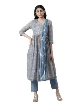 Neerus Women Ethnic Motifs Printed Pleated Mirror Work Kurta with Trousers & Dupatta