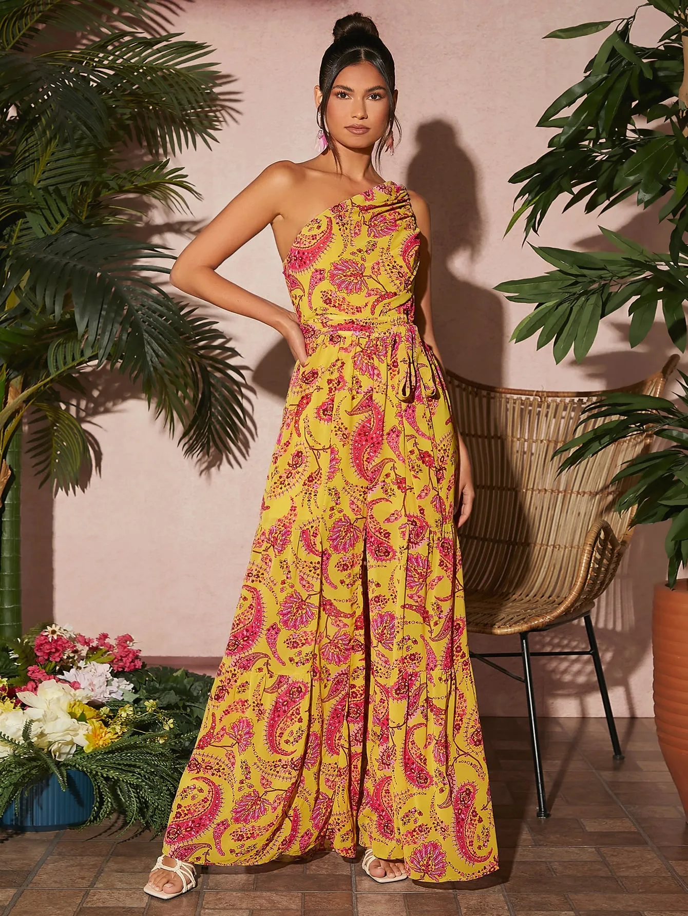 Paisley Floral Print One Shoulder Sleeveless Belted Wide Leg Jumpsuit