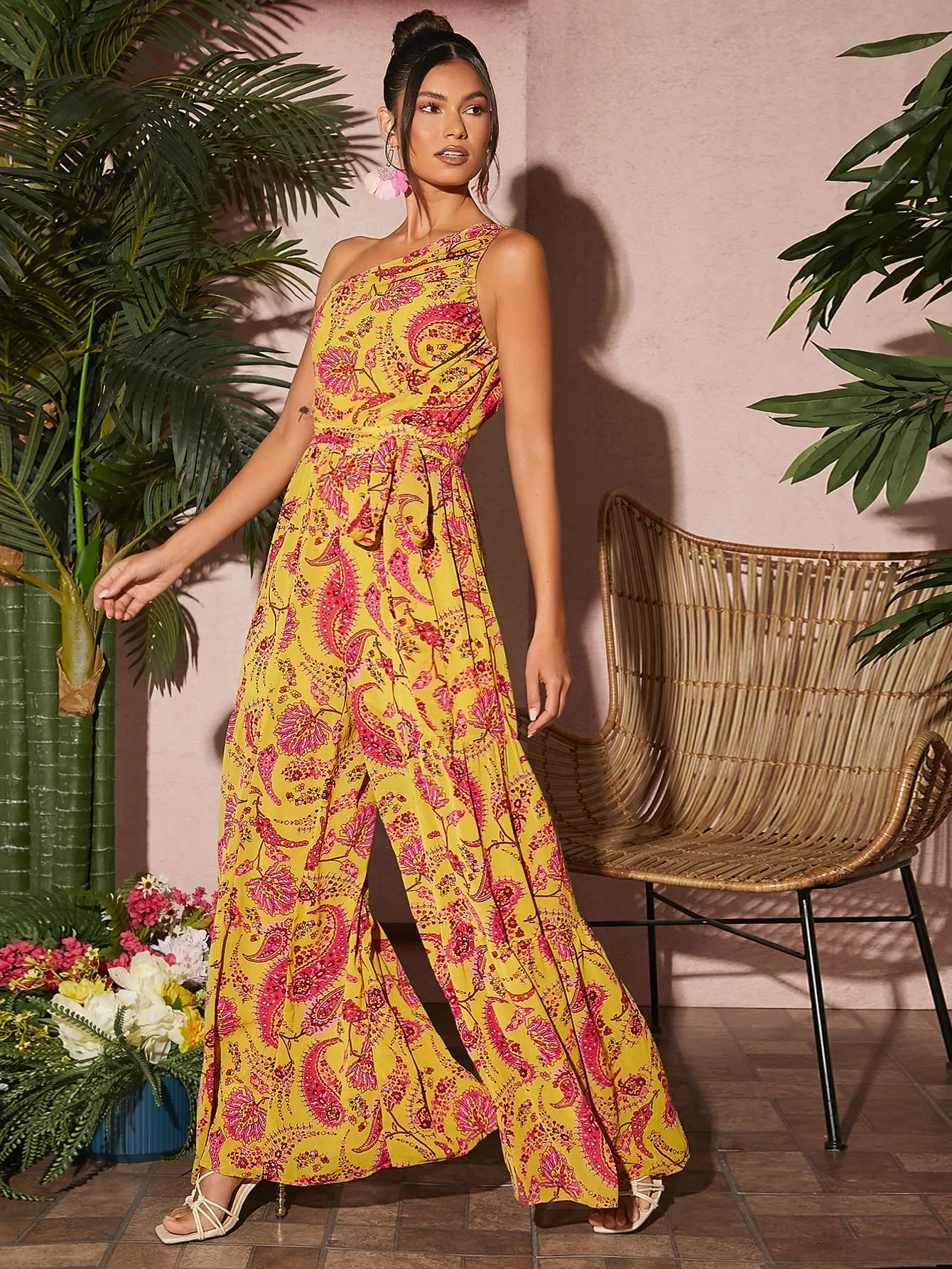 Paisley Floral Print One Shoulder Sleeveless Belted Wide Leg Jumpsuit