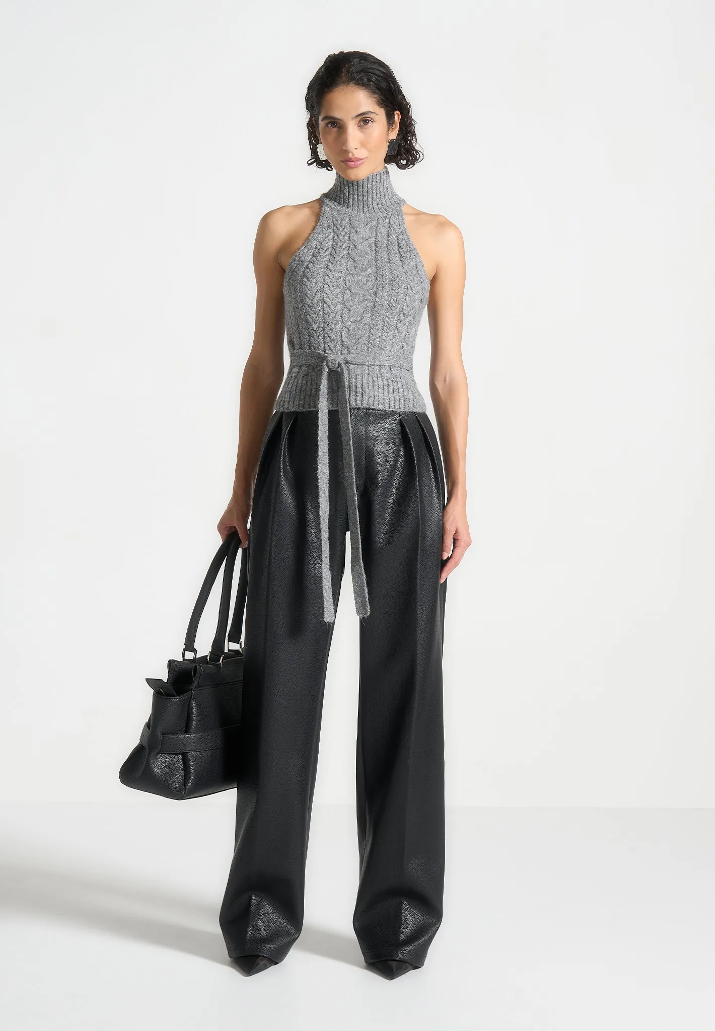 Pebbled Leather Pleated Stacked Trousers - Black