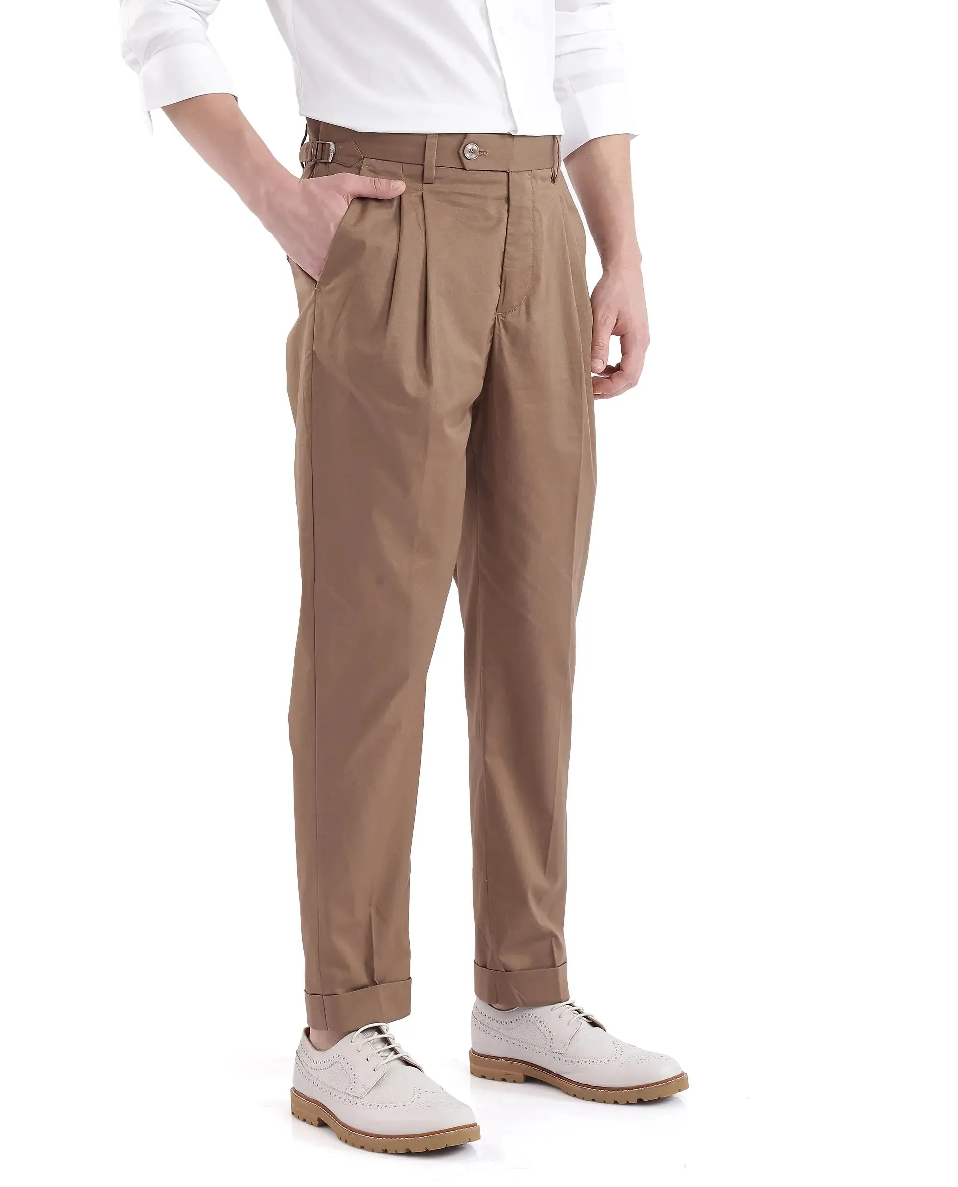 Rare Rabbit Men Lewit Khaki Cotton Fabric Adjustable Waistband Pleated Regular Fit Solid Trouser