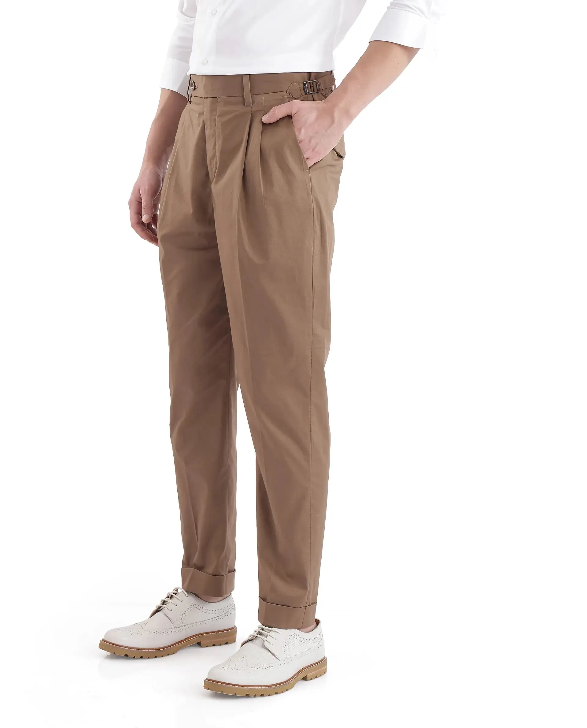 Rare Rabbit Men Lewit Khaki Cotton Fabric Adjustable Waistband Pleated Regular Fit Solid Trouser