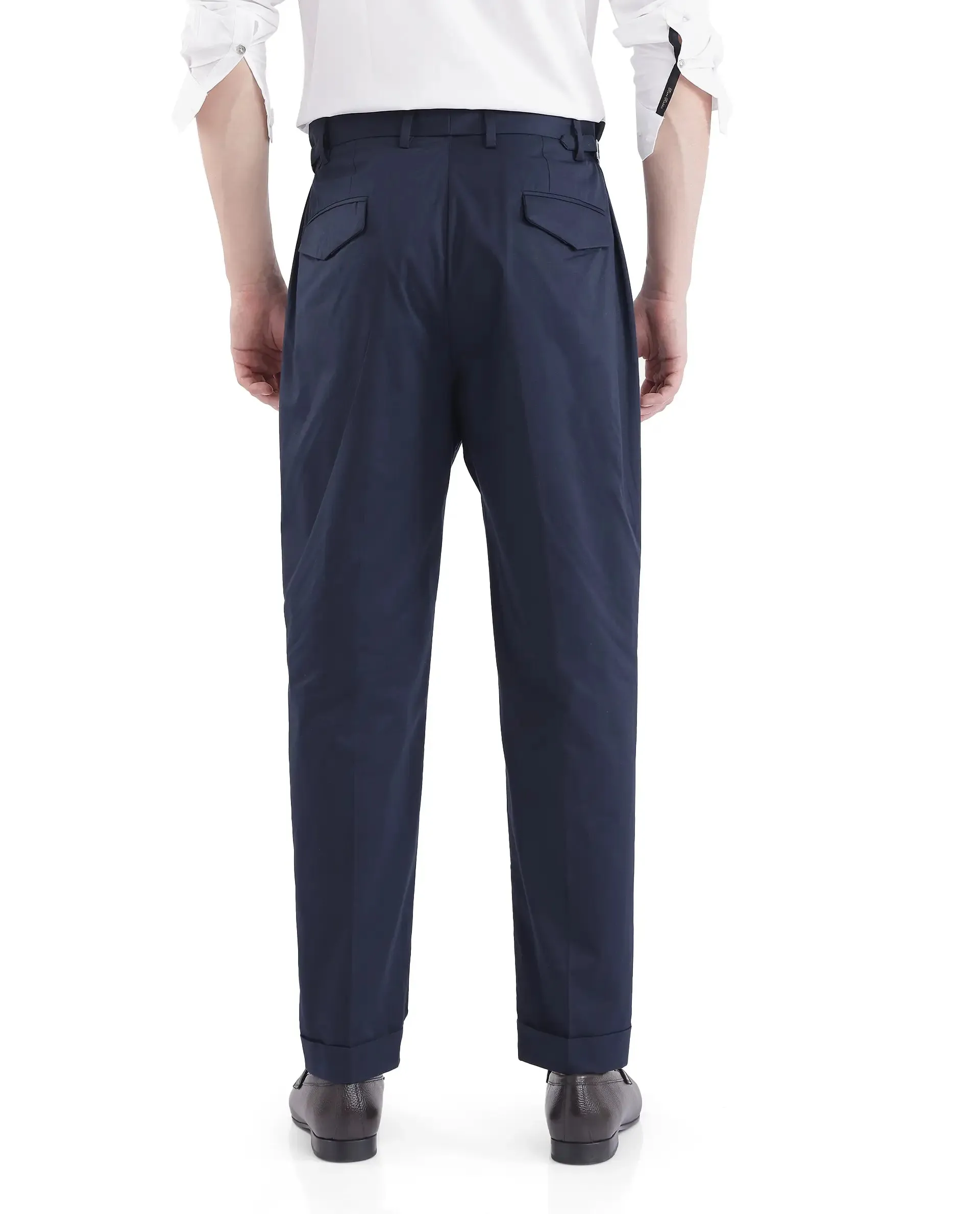 Rare Rabbit Men Lewit Navy Cotton Fabric Adjustable Waistband Pleated Regular Fit Solid Trouser