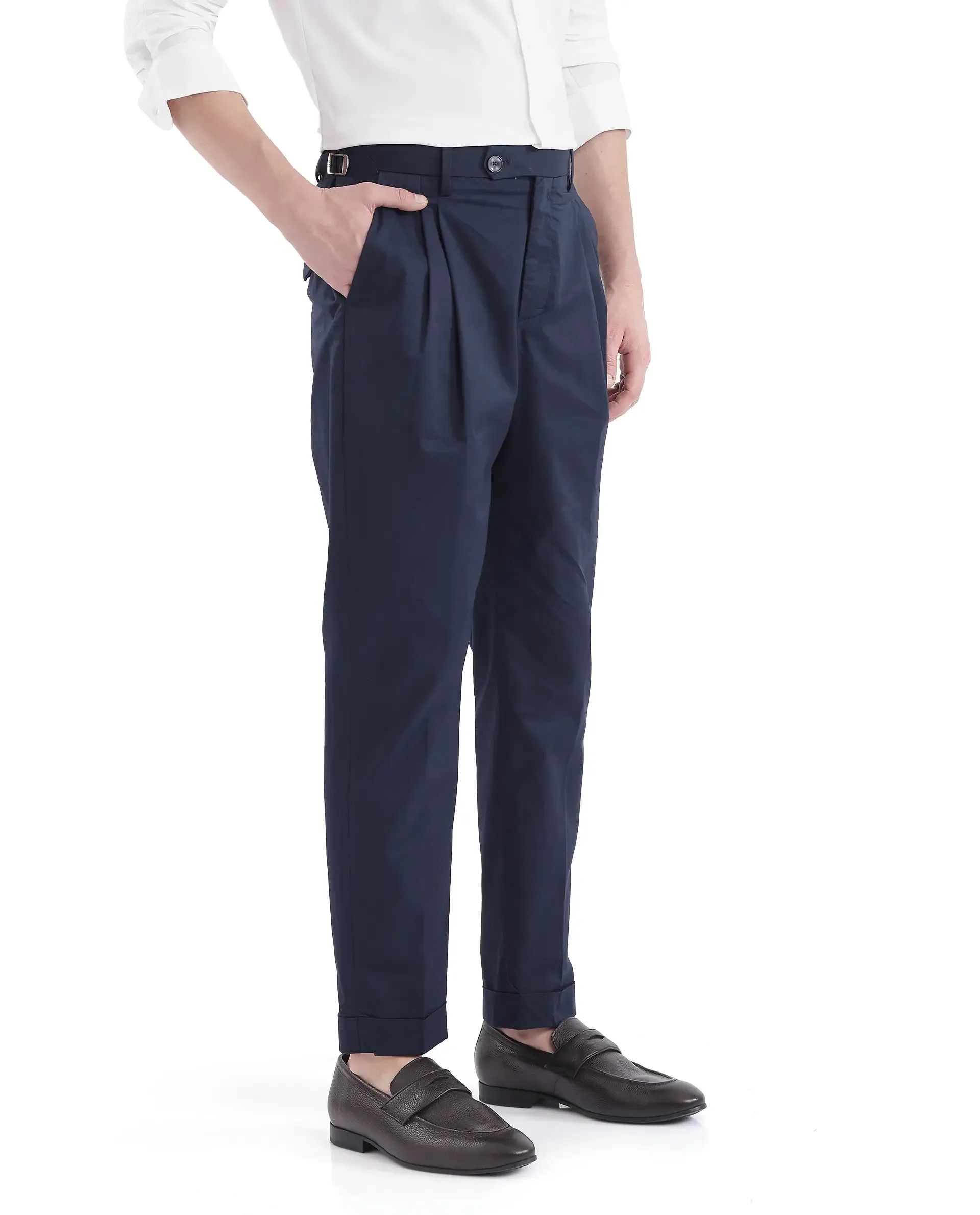 Rare Rabbit Men Lewit Navy Cotton Fabric Adjustable Waistband Pleated Regular Fit Solid Trouser