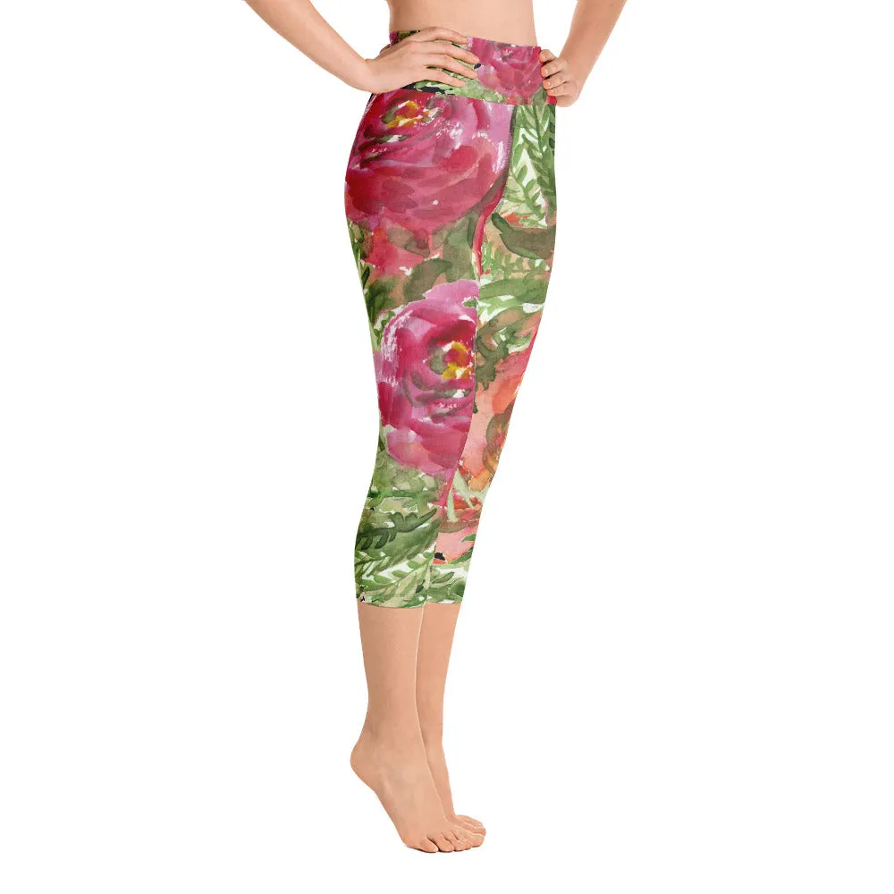 Red Rose Floral Capris Tights, Flower Print Women's Yoga Capri Leggings Floral Gym Pants - Made in USA