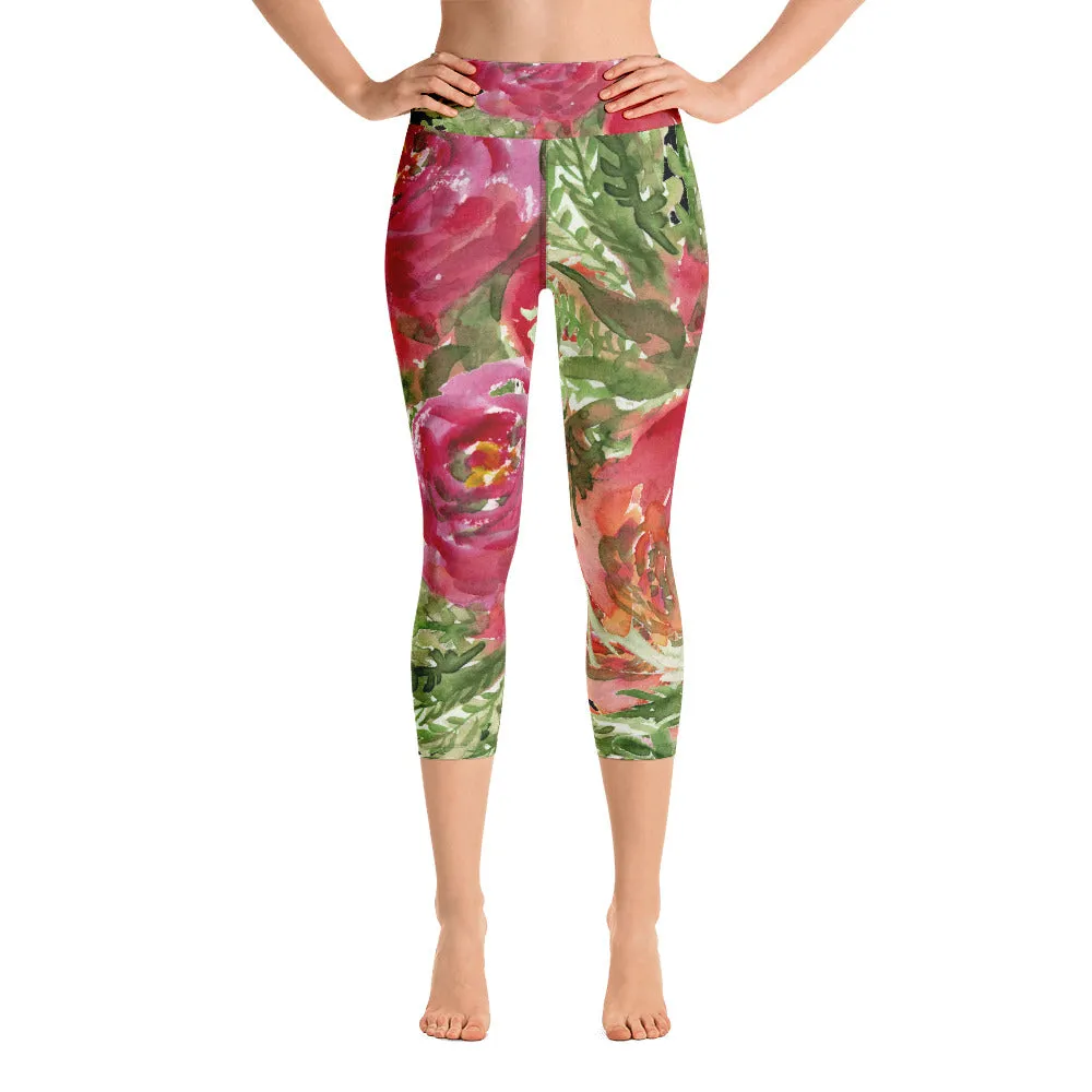 Red Rose Floral Capris Tights, Flower Print Women's Yoga Capri Leggings Floral Gym Pants - Made in USA