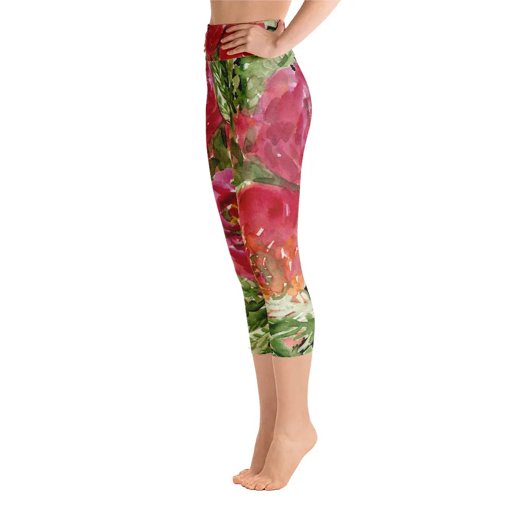 Red Rose Floral Capris Tights, Flower Print Women's Yoga Capri Leggings Floral Gym Pants - Made in USA