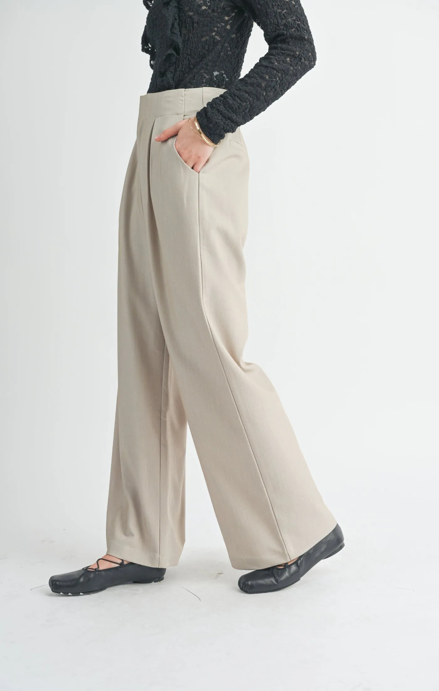 Take Action Pleated Wide Leg Trouser | Beige