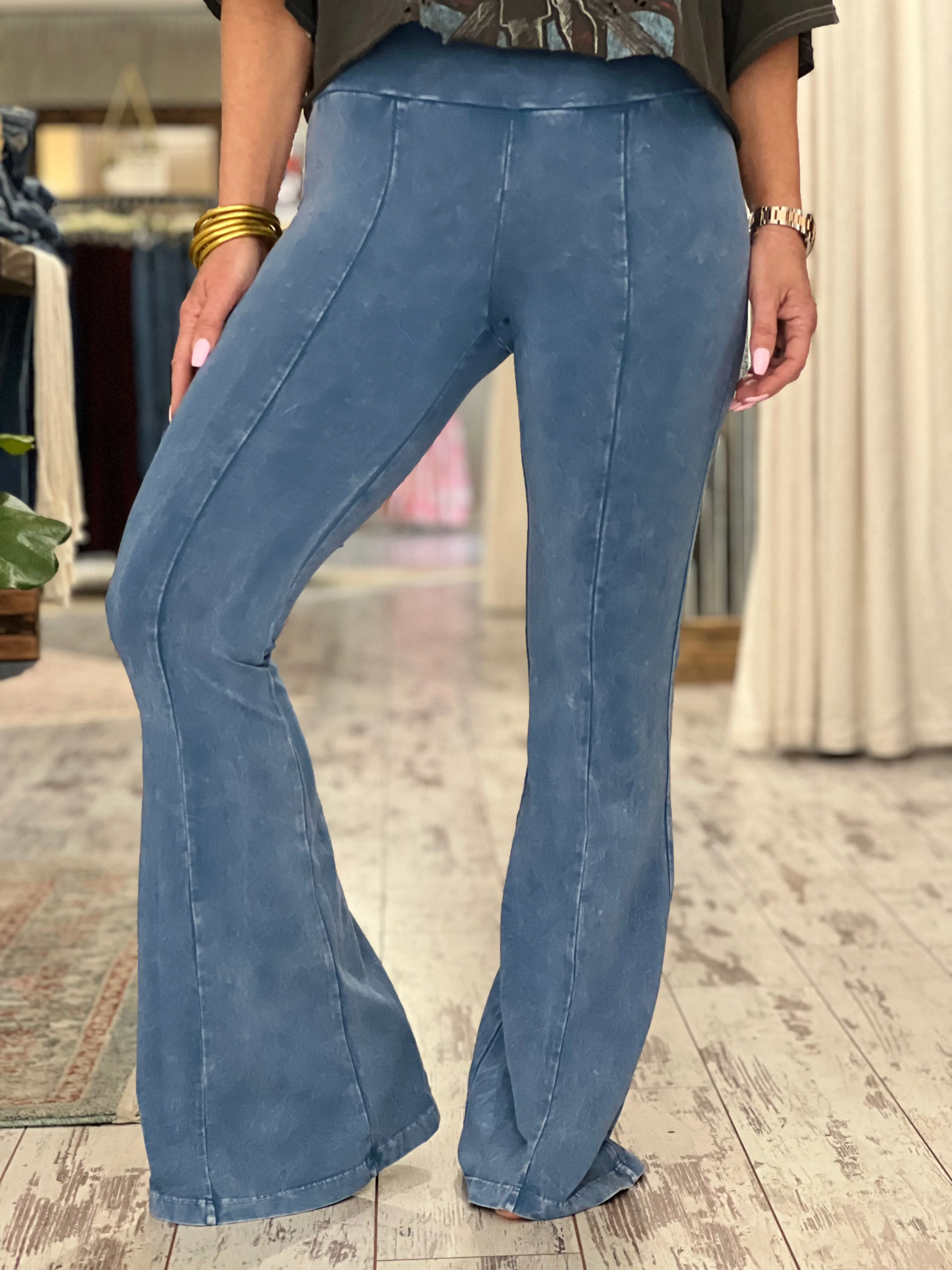 Washed Bell Bottom Front Seam Flare Pants in Light Blue