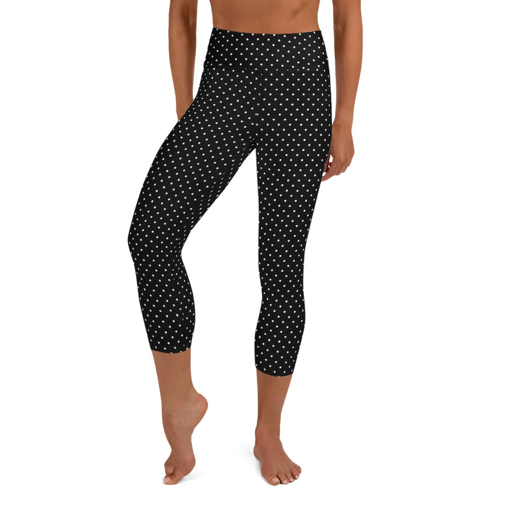 White Dots Yoga Capri Leggings, Black Polka Dots Comfy Capris Tights For Women-Made in USA/EU