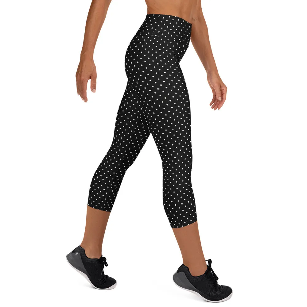 White Dots Yoga Capri Leggings, Black Polka Dots Comfy Capris Tights For Women-Made in USA/EU