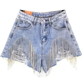 Women luxurious Tassel Rhinestone Fringed Hole Jeans Shorts Female High Waist 2020 Summer Fashion Designer Wide Leg Denim Shorts