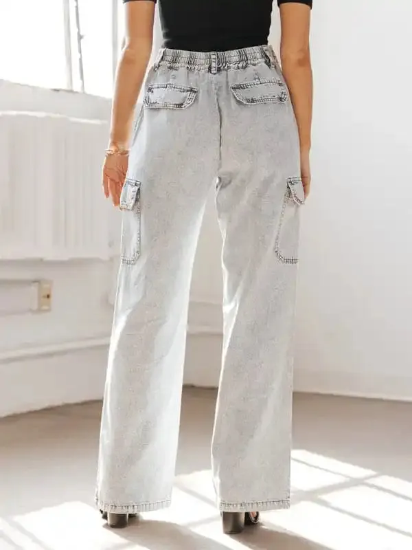 Women’s Jeans. Trousers,Pure cotton washed denim multi-pocket non-stretch overalls